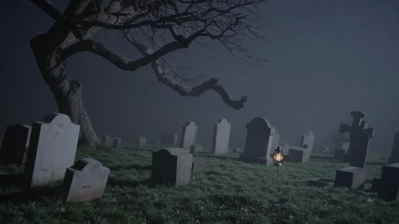 Eerie graveyard scene at night with fog, lantern, and twisted tree