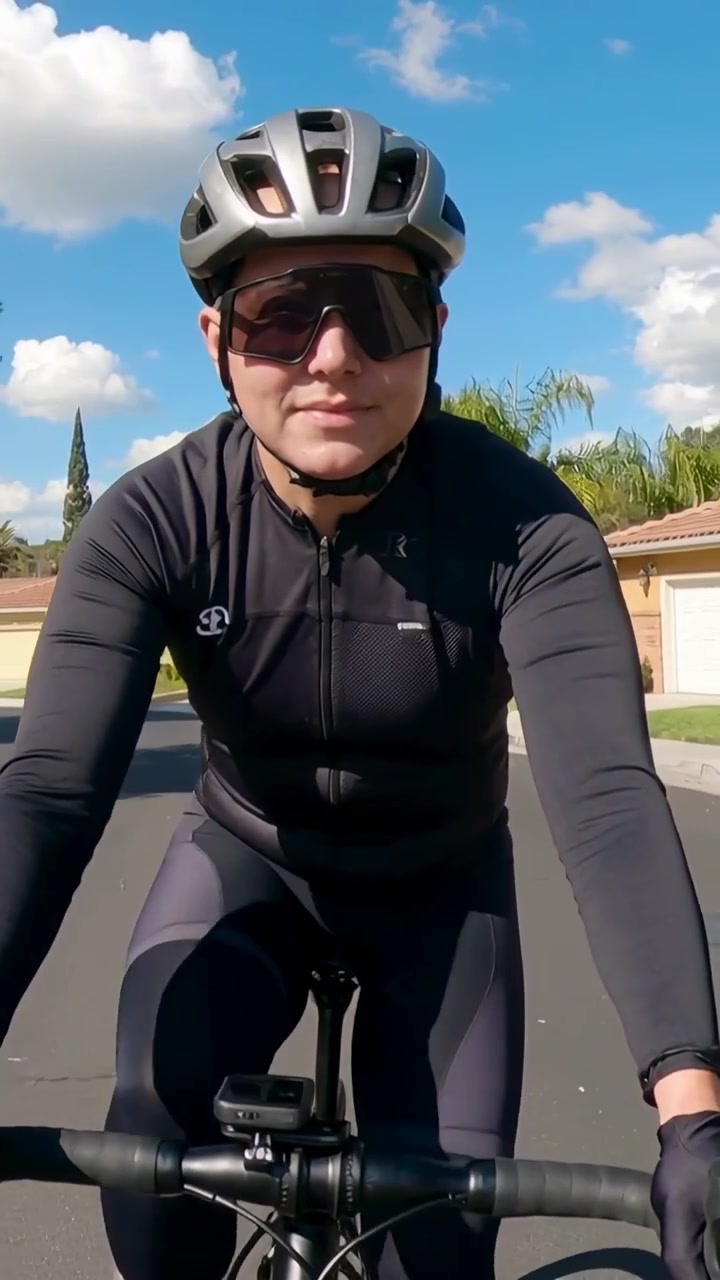Video verticale: Avvio della telecamera, ciclista che pedala e sterza su una strada suburbana, con supporto e casco.
