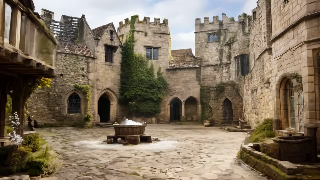 Medieval courtyard scene captured from a low-angle, showcasing stone architecture and a central
