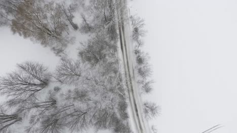 Drone-Volando-Sobre-Un-Camino-Nevado-A-Orillas-Del-Lago