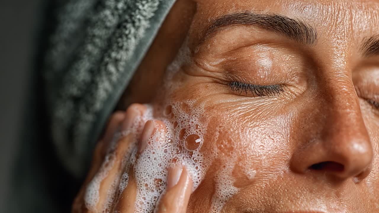 Close-Up of a Woman Enjoying a Gentle Facial Cleansing Routine, Highlighting the Lather of Soap and Nourishing Skin Care Process