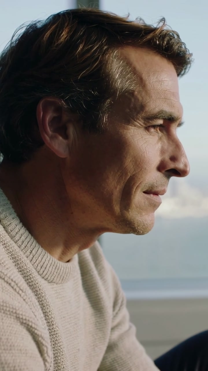 Vertical video: Man sitting by window spotting distant point, leaning forward and reflecting