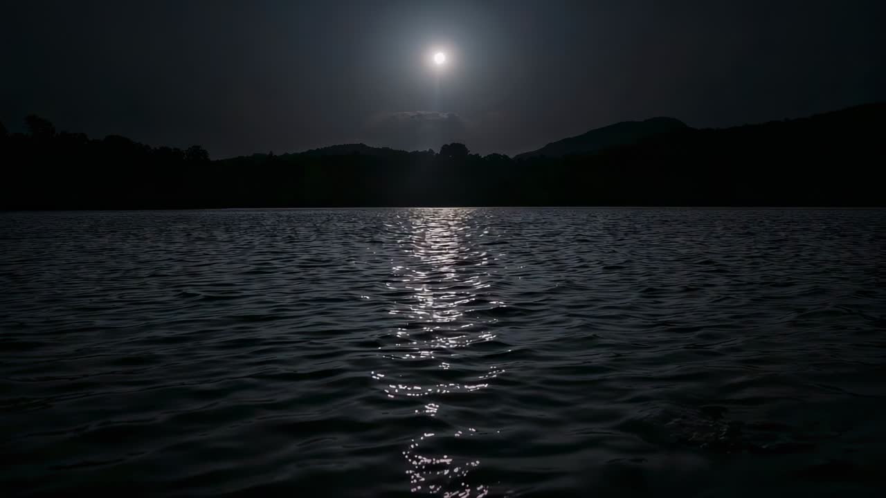 Gece boyunca göl yüzeyinde dans eden ve parıldayan dolunay yansıması, esintiyle oluşan dalgalanmalar