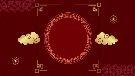 Animation-of-flowers-and-shapes-over-circle-on-red-background