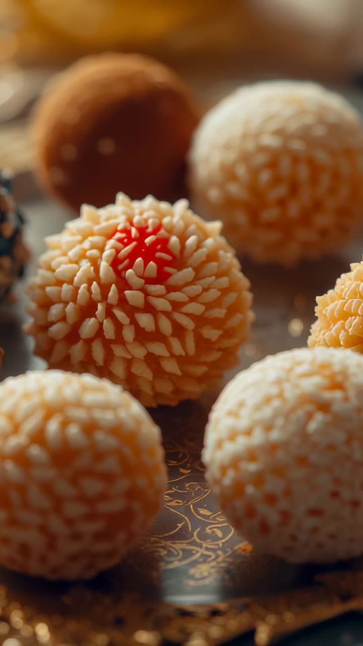 Vertical video: Start camera panning to reveal nut-coated sesame, cocoa-dusted balls on metal tray