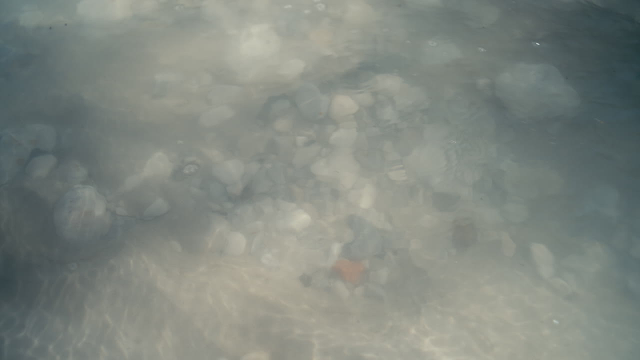 Abstract view of sunlight creating patterns on stones beneath a clear water surface. Soft ripples and light reflections form a calm and natural background texture