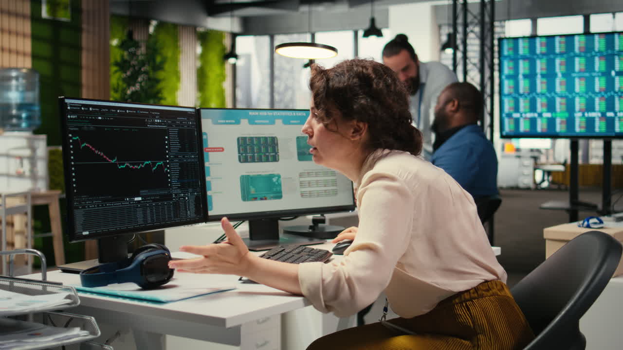 Vertical Video Frustrated businesswoman struggling with a stock crash downtrend