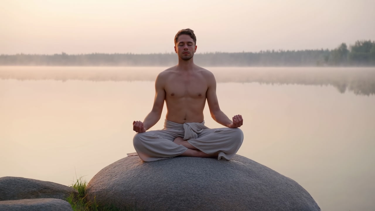Shirtless White Man Meditating On Rock By Misty Lake At Sunrise, Crosslegged Lotus Pose With Closed Eyes, Deep