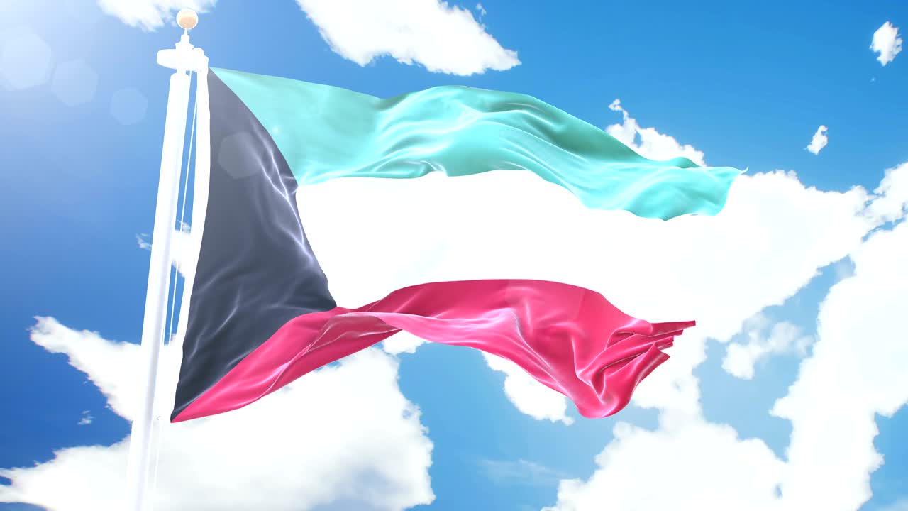 쿠웨이트의 현실적인 발이 타임 스 구름 배경에서 흔들리고 있습니다. 세부적인 직물 질감과 함께 4k 해상도의 완벽한 루프입니다.