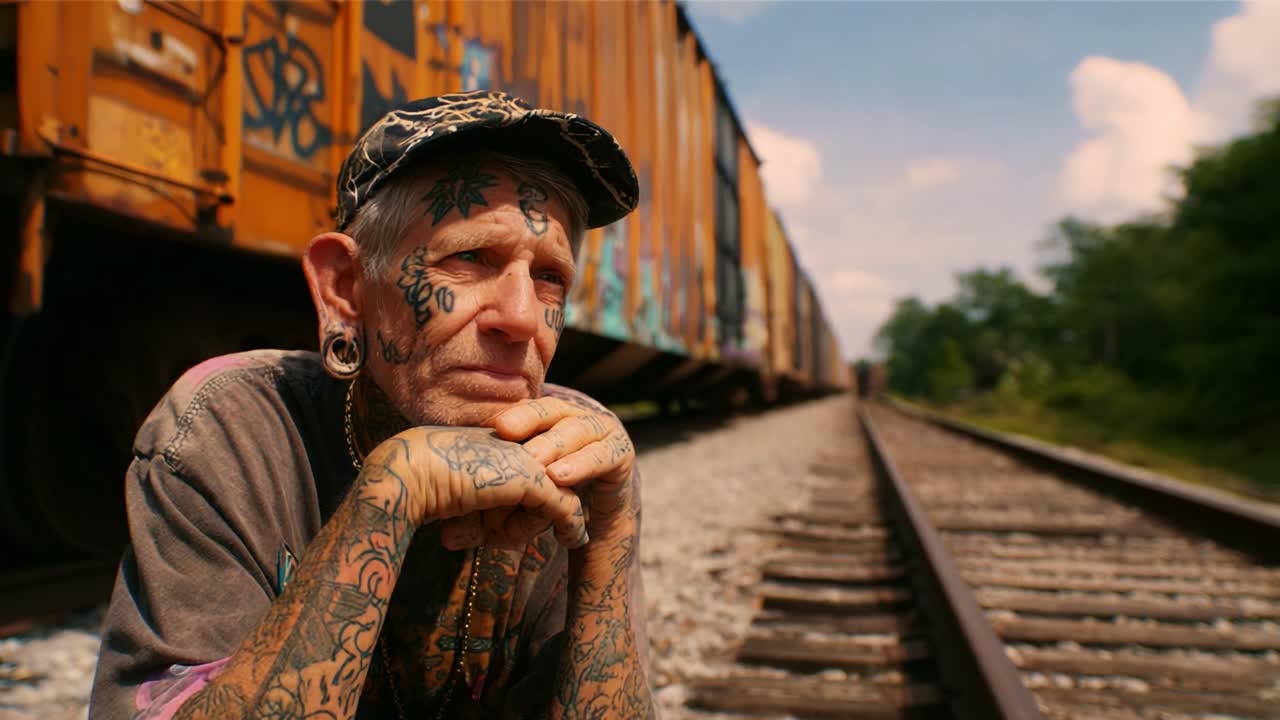 Reflective Moment by the Train Tracks: A Portrait of a Tattooed Individual Contemplating Life Near Abandoned Rail Cars Under a Blue Sky