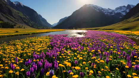vibrant mountain valley with river and fields of purple and yellow flowers