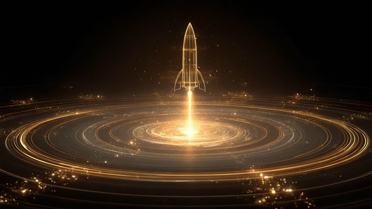 Shiny golden rocket wireframe launching from a futuristic launchpad made of swirling rings of light and particles. Symbolizing innovation. Startup success. And space exploration on a black background