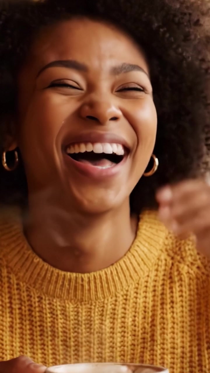 A woman in a cozy sweater enjoys a warm beverage, radiating joy and happiness as she shares a moment of blissful relaxation with a steaming cup in hands.