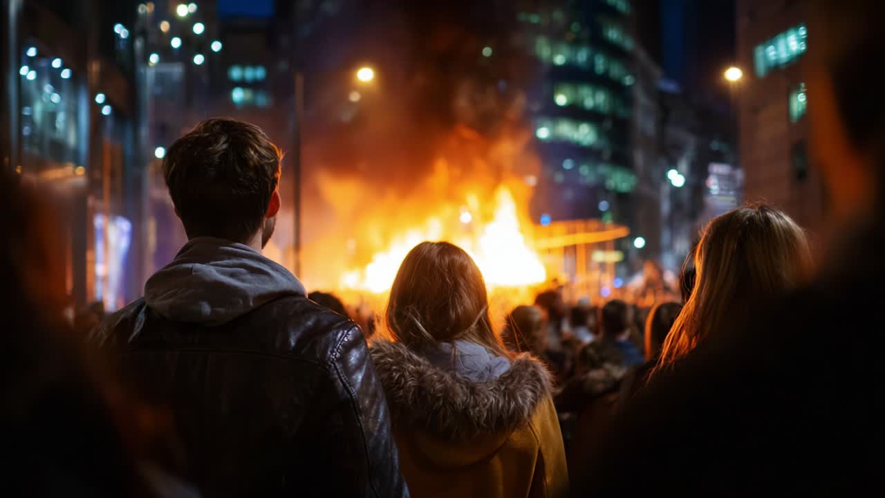 A crowd observes a dramatic and intense scene as flames engulf a structure against the backdrop of a dimly lit urban environment, showcasing a moment of tension and urgency in the night