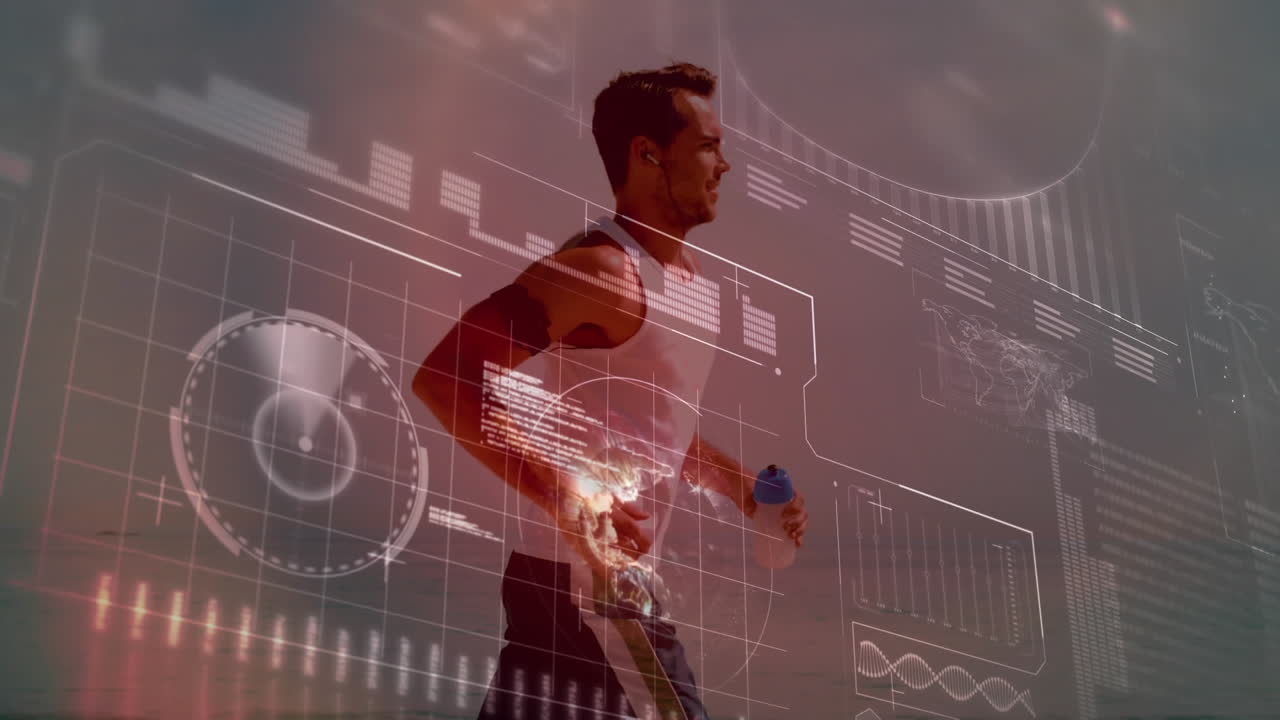 해변에서 달리는 적합한 사람에 대한 데이터 처리 애니메이션