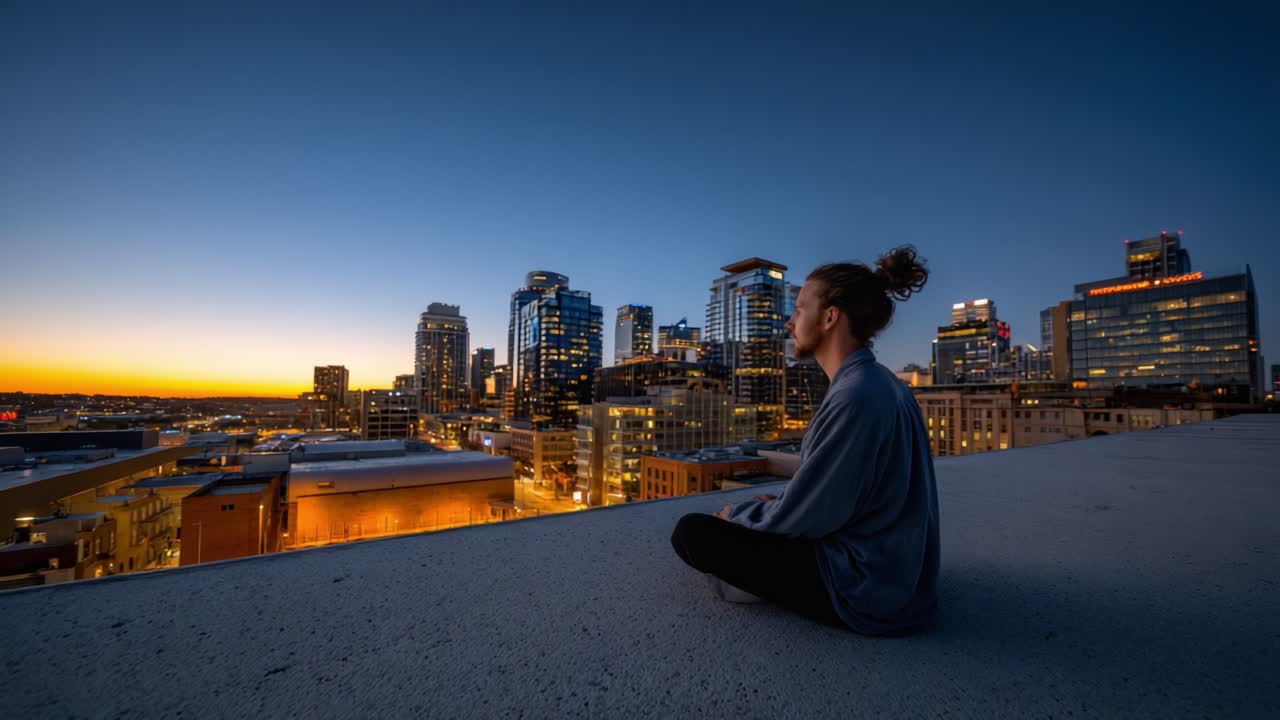 Contemplating Urban Serenity: A Journey Through Twilight Meditation on a Rooftop Overlooking a Vibrant City Skyline Transitioning from Day to Night