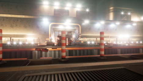 construction site with safety barriers and bright lighting at night