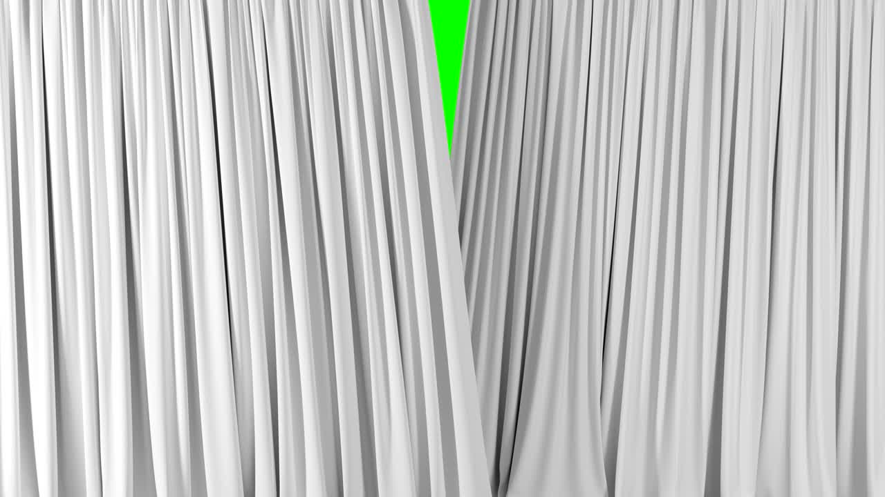 hermosas cortinas onduladas blancas que se abren y cierran en pantalla verde. animación 3d abstracta de tela de seda que revela el fondo con matte alfa.