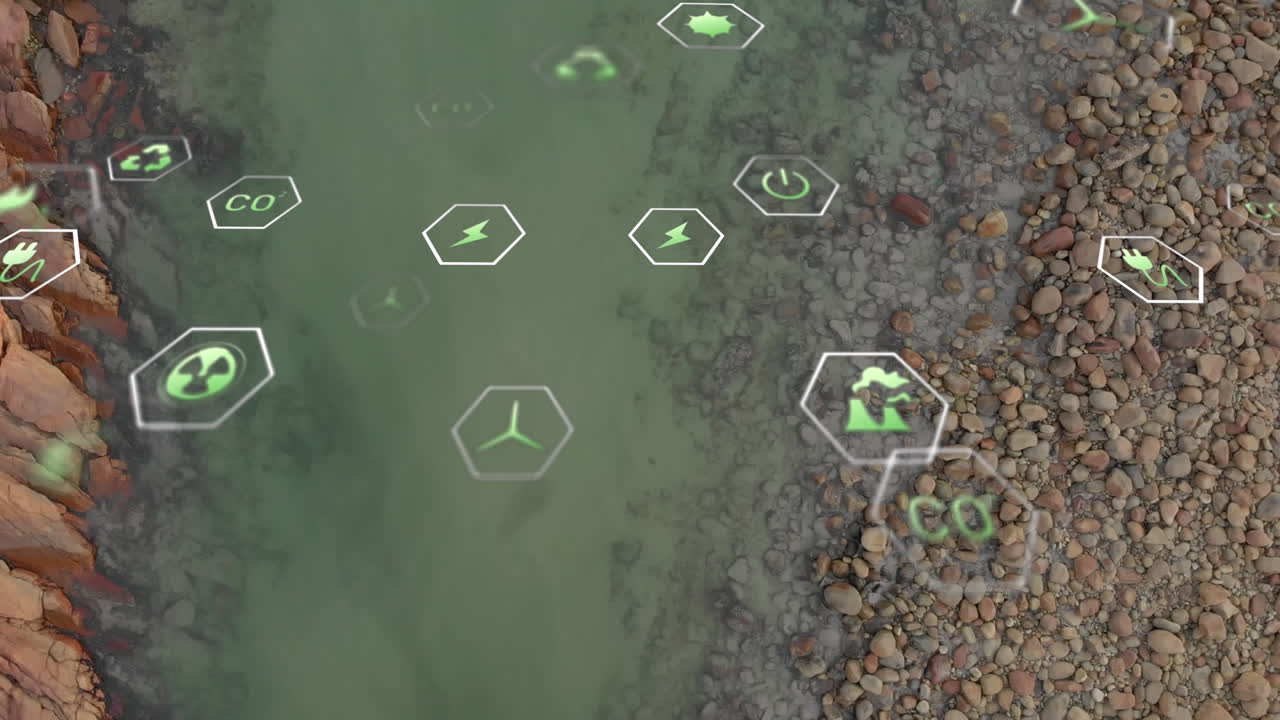 animación de iconos de sostenibilidad y ecología sobre el paisaje