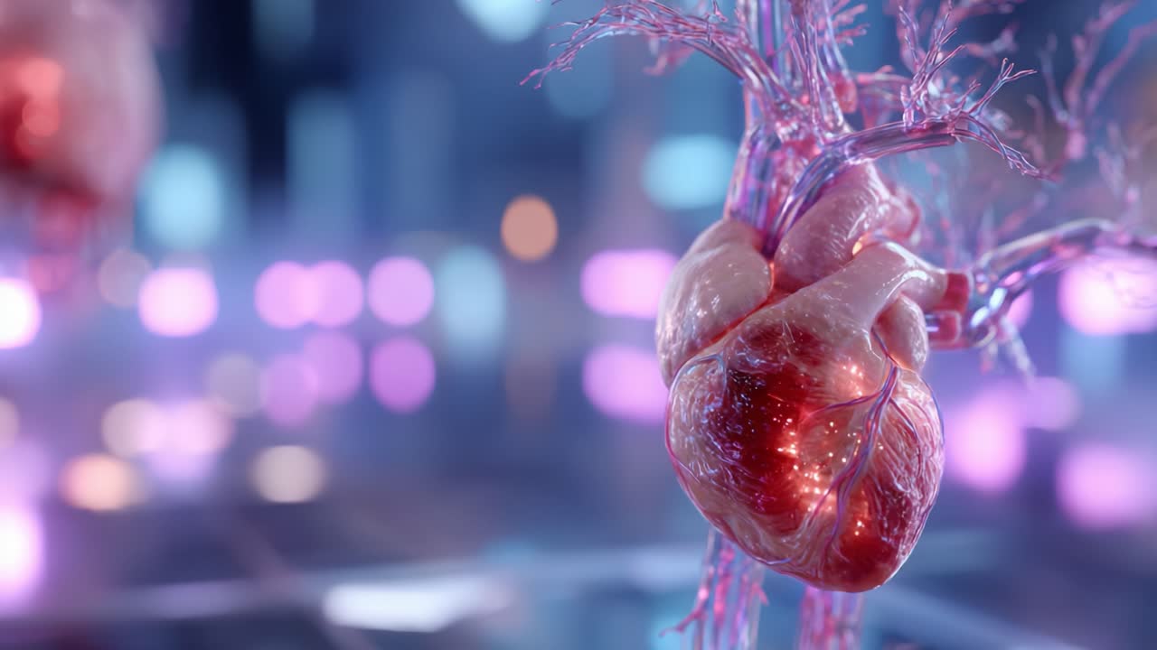 A Close-Up View of a Heart Model Surrounded by Glowing Vessels Highlighting the Intricate Structure of Human Anatomy in a Futuristic Environment