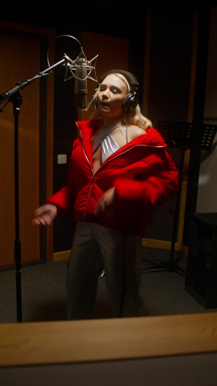 녹음 스튜디오 에서 노래 하는 여자