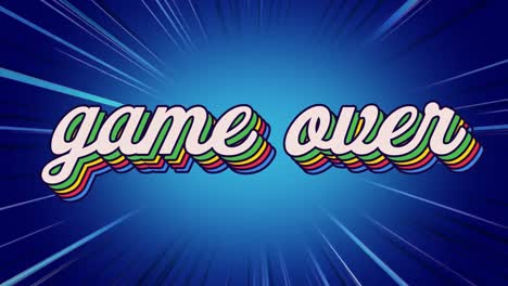 animación de un juego retro sobre texto de arco iris sobre múltiples rayas azules en el fondo