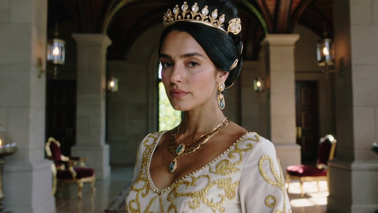 Mulher real caminhando, descendo e atravessando o salão para uma cerimônia, vestindo um vestido ornamentado e uma tiara de ouro.