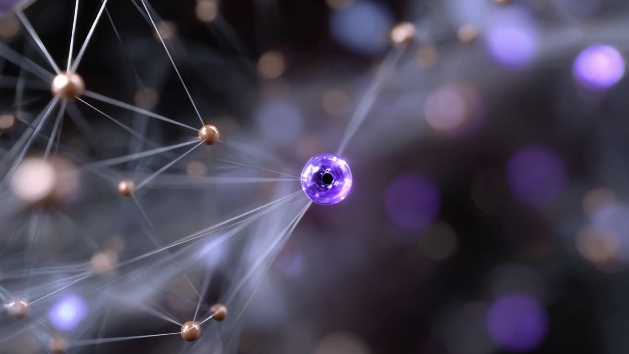 Representação Abstrata de Partículas Quânticas em uma Rede Molecular com Visualização Detalhada de Conexões e Cores Vibrantes Representando Estados de Energia