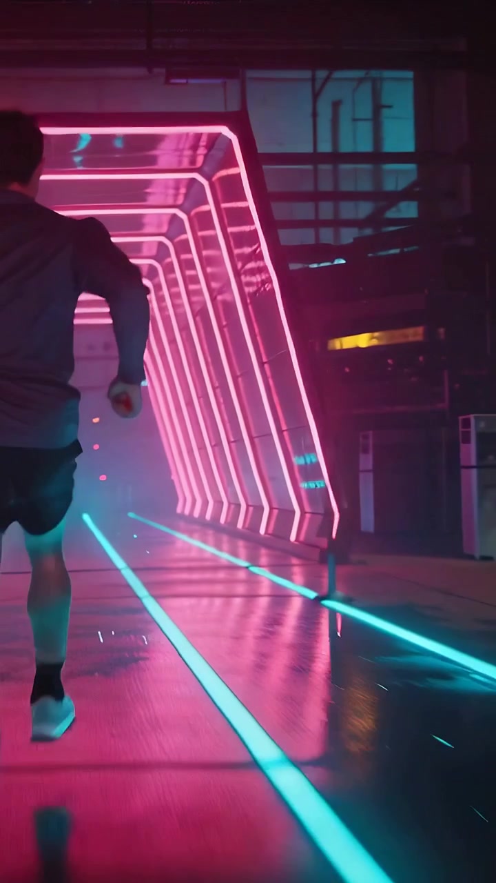 Video verticale: Correndo a sinistra, uomo che scatta verso l'uscita in un tunnel al neon, maglietta scura, LED, spazio per il testo