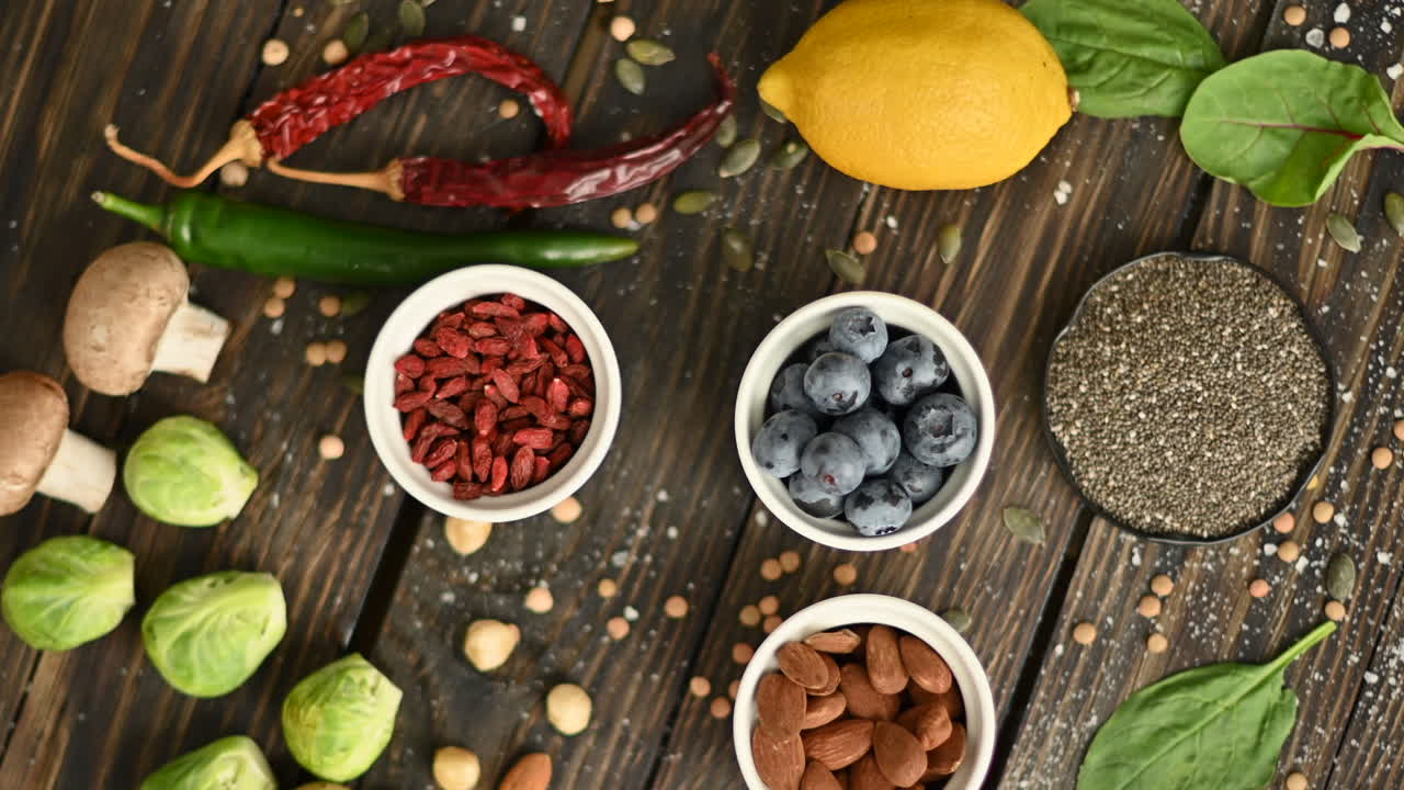 Different types of fruits, vegetables and beans on a wooden surface