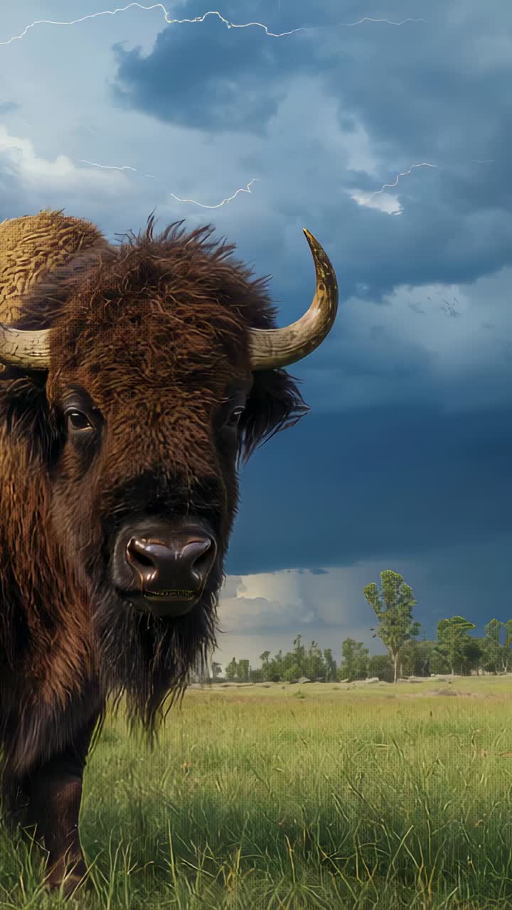 Vertical video: Lightning flashing, American bison turning, walking right across meadow with horns