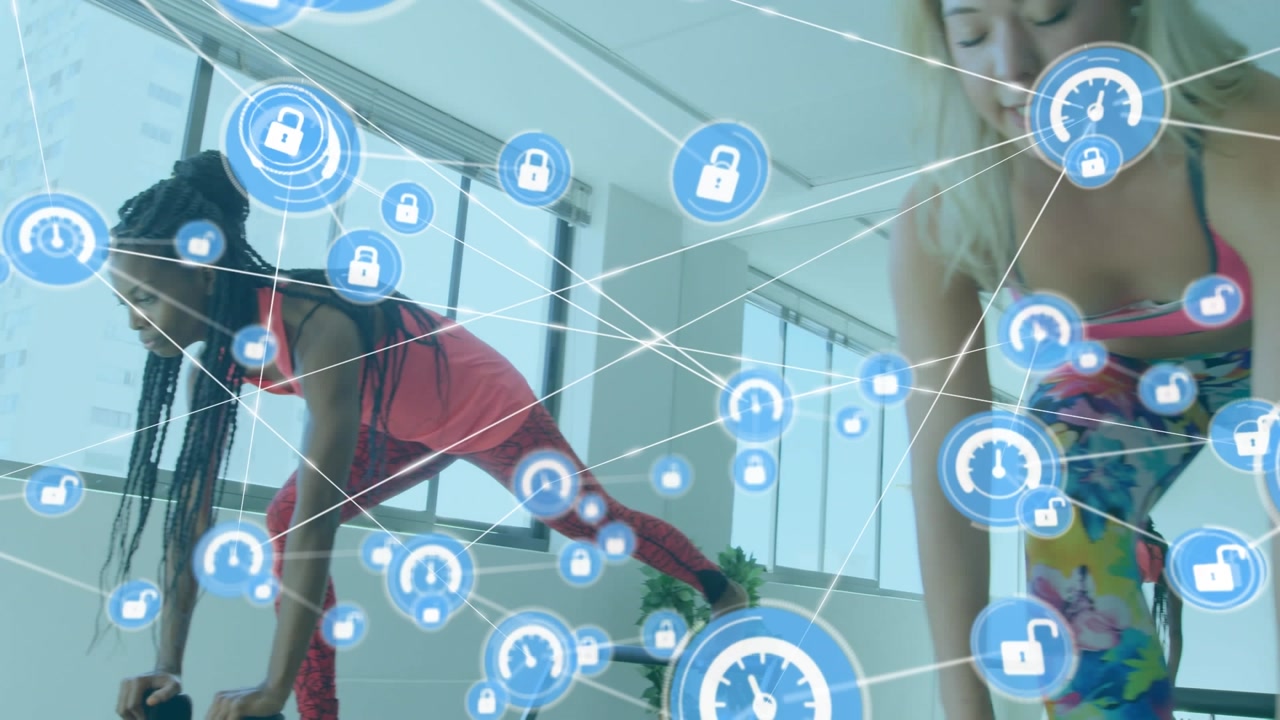 Animation of icons connected with lines over diverse females exercising at health club
