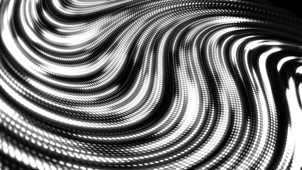 White waves from glowing round dots. Dynamic movement and glow pattern of electronic display. Abstract looped background with bokeh.