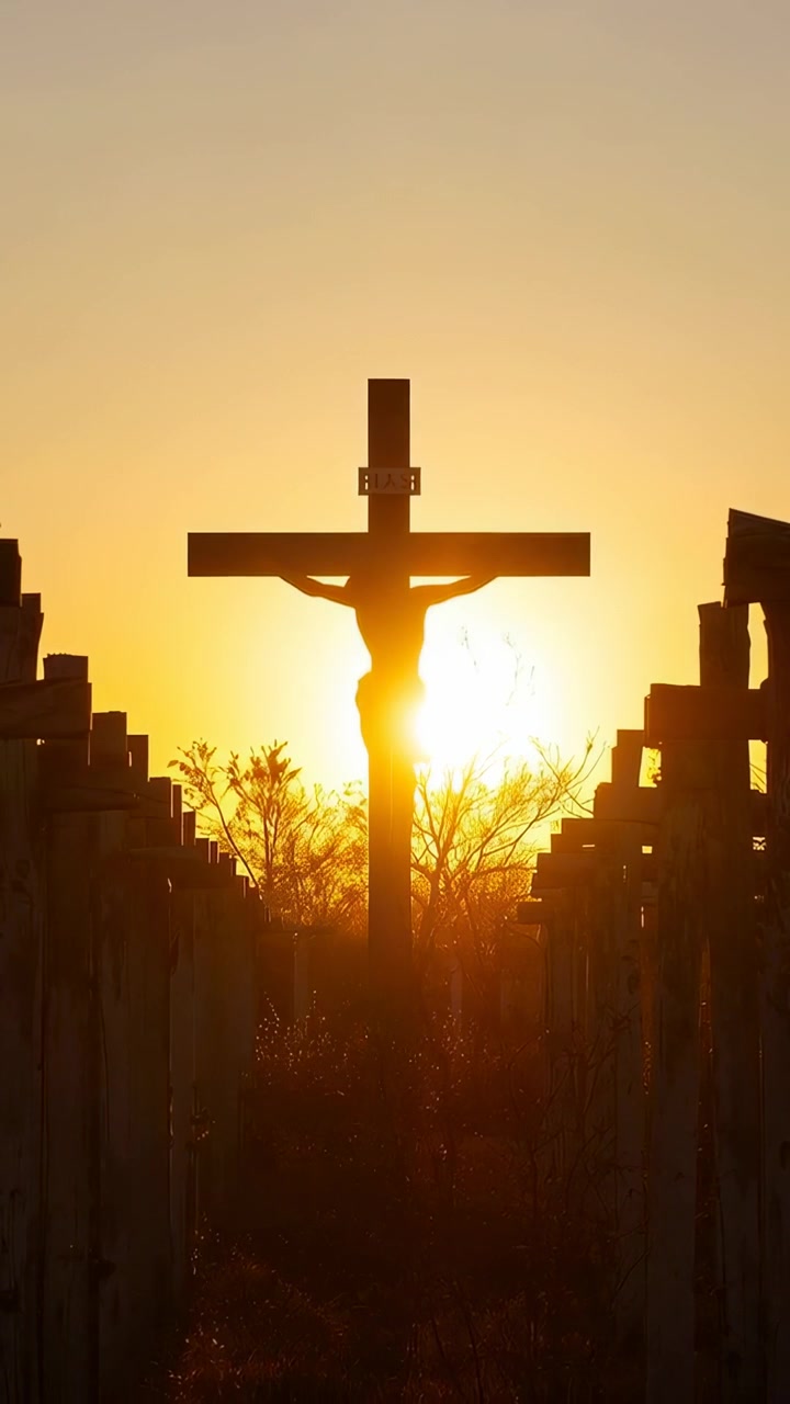 Video verticale: Il sole che tramonta si muove dietro un crocifisso in un cimitero, illuminando un'aureola attorno a una scultura.