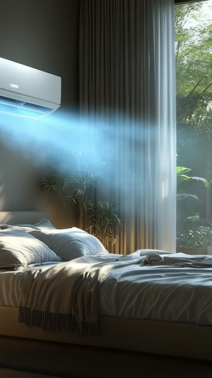 Cozy room with A/C and light. Comfortable bedroom features an air conditioning unit, soft bedding, and natural light streaming through large windows.