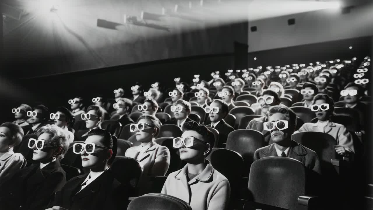 Fotogramma in bianco e nero di un pubblico che indossa occhiali 3D in un cinema