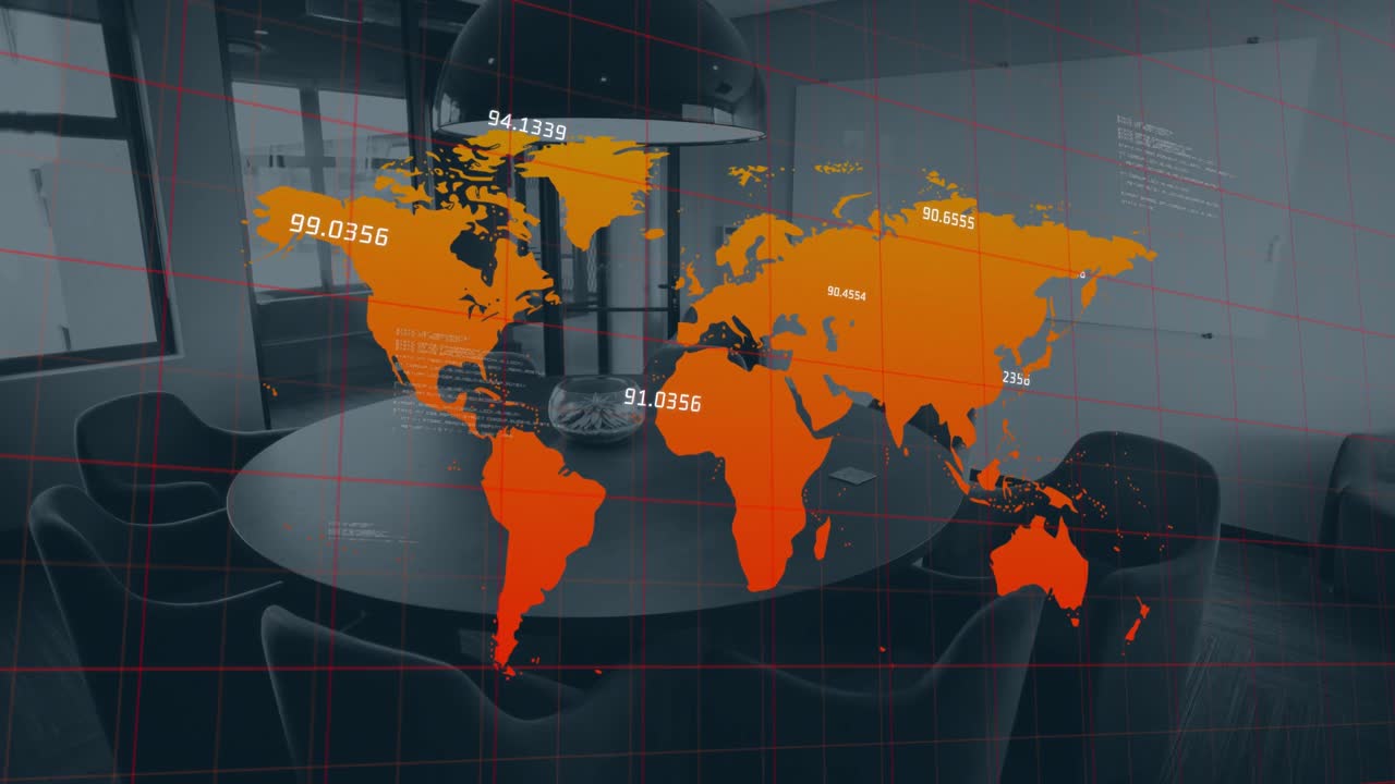 회의실에 배열된 빈 의자와 테이블 위에 지도와 숫자의 애니메이션