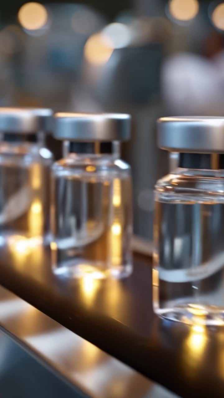 Elegant glass vials gleam under soft lighting, showcasing the clear contents within, reflecting a seamless blend of modern design and functional utility