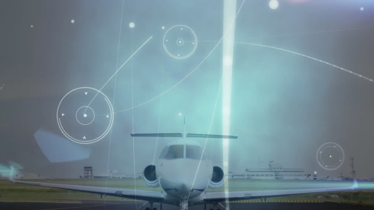하늘을 가로지르는 미래의 내비게이션 애니메이션으로 활주로에 있는 항공기