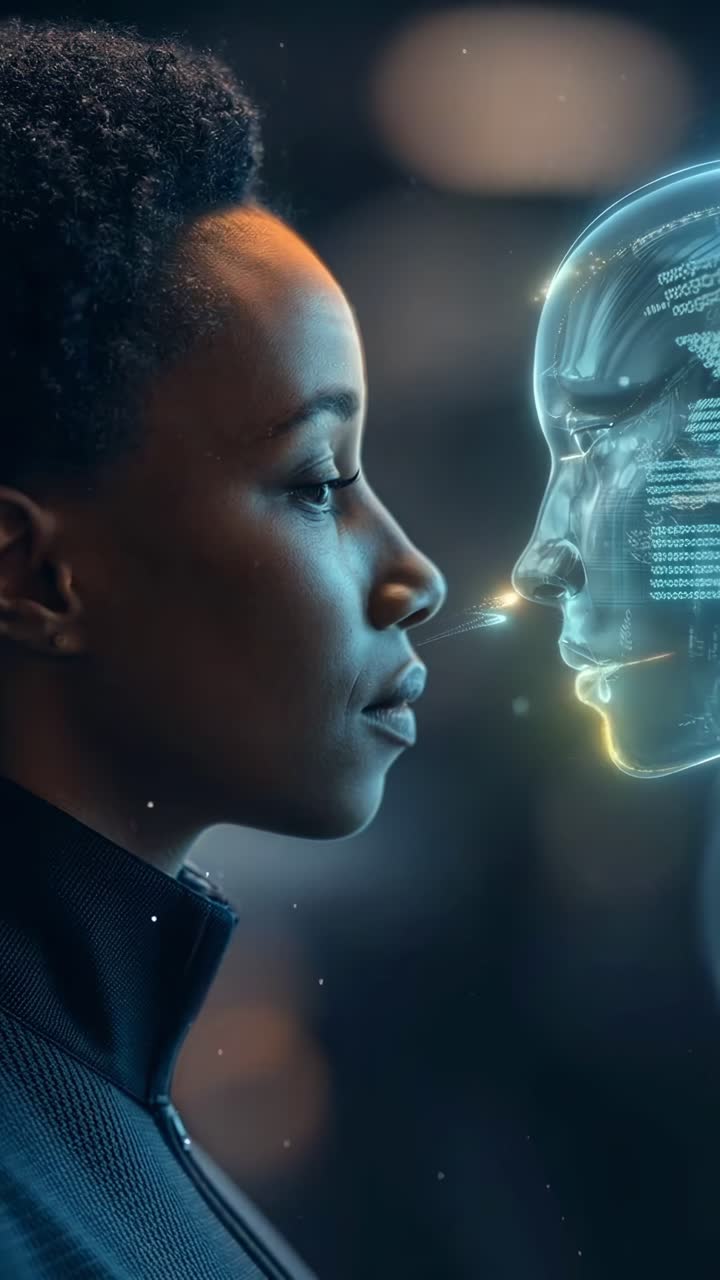 Side profile video of a person facing a digital hologram, with a futuristic ambiance