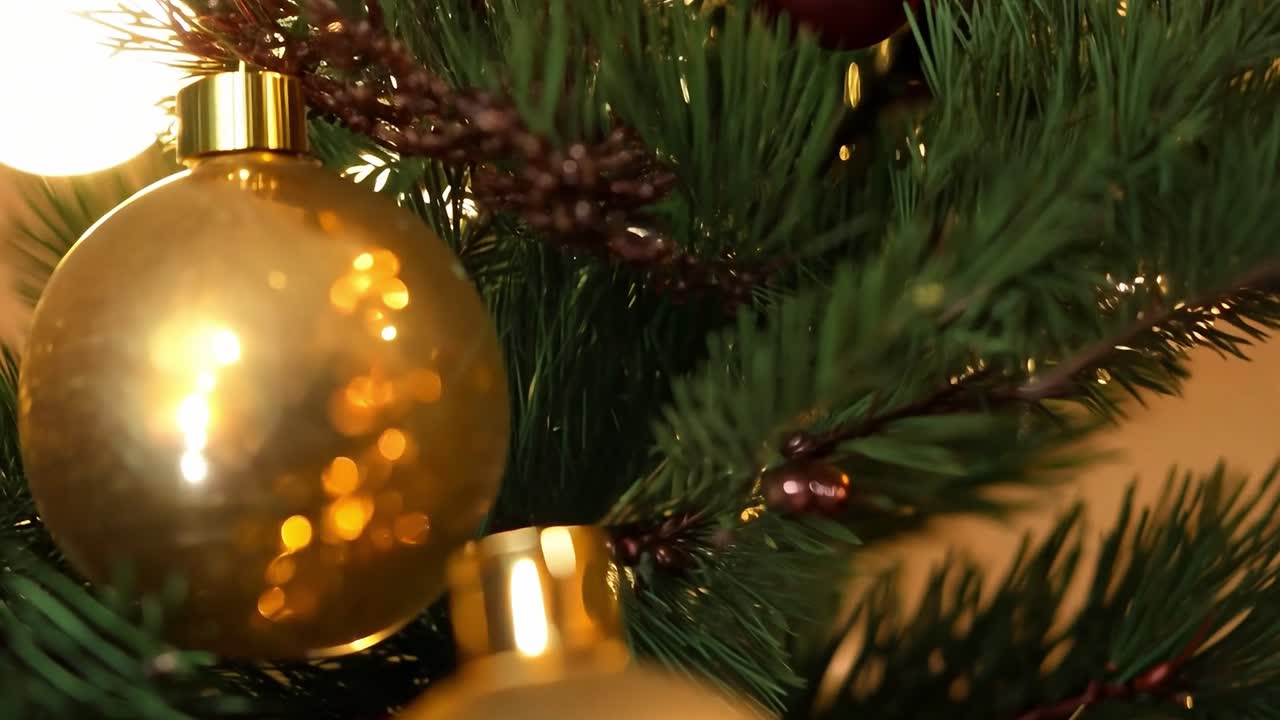 primer plano de un ornamento de navidad de oro en un árbol de navidad