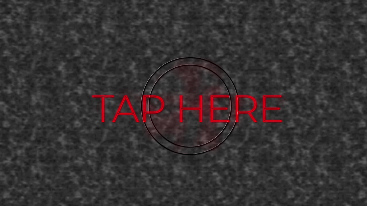 animación digital de neón rojo toque aquí banner de texto contra fondo gris texturizado