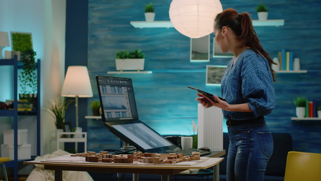 Woman architect analyzing building model on tablet and computer