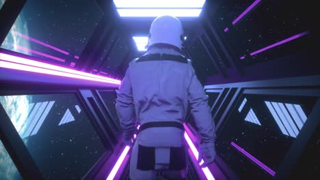 astronaut in a futuristic space corridor