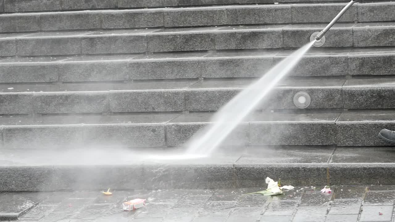 Cleaning City Stairs with Power Washer