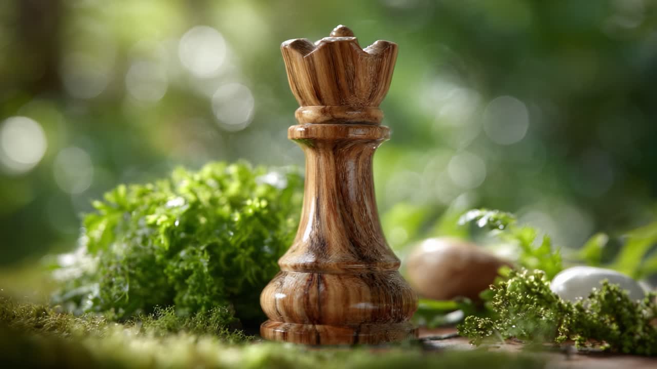 An Elegant Wooden Chess Piece Standing Among Lush Greenery, Captivating the Essence of Strategy and Nature's Beauty in a Serene Outdoor Setting