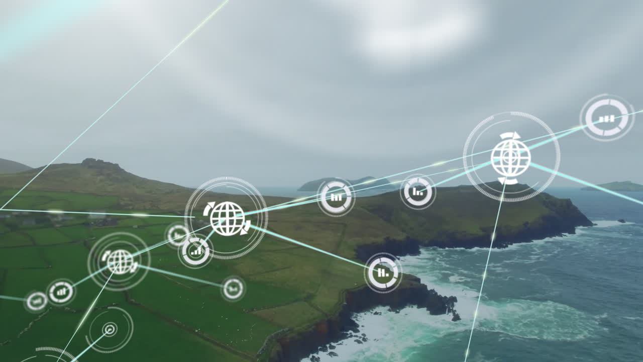 연안 풍경에 대한 연결 네트워크 및 데이터 처리 애니메이션