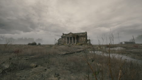 abandoned mansion stands in desolate landscape under a cloudy sky