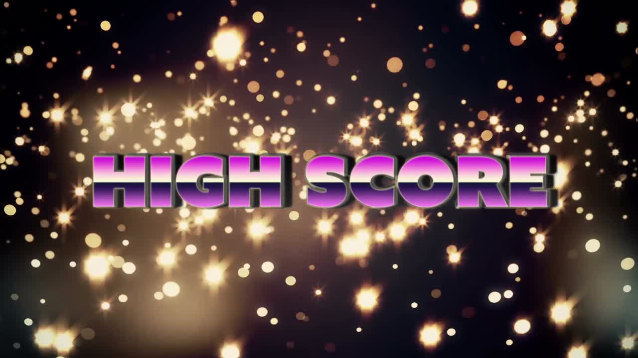 어두운 배경에 반 ⁇ 이는 불빛 위에 높은 점수의 애니메이션
