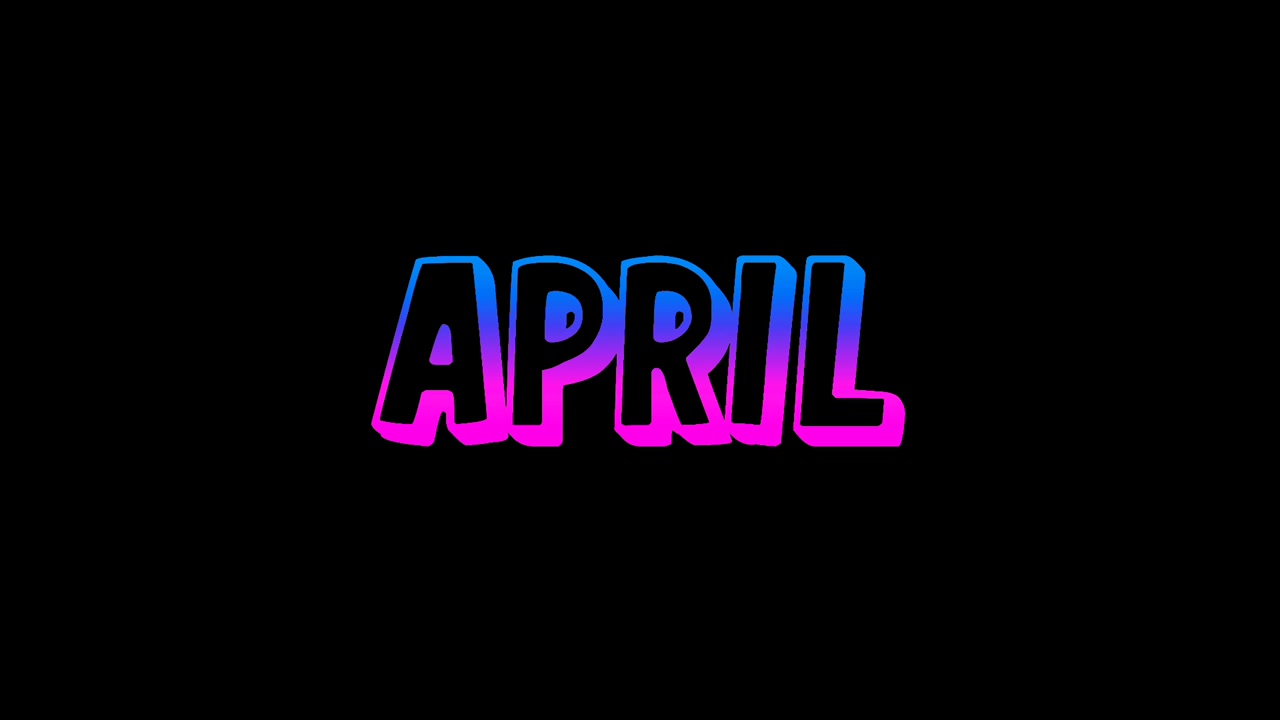 Neon-Textanimation April mit leuchtendem Blau- und Pink-Farbverlauf auf schwarzem Hintergrund. Moderne, leuchtende Typografie, die den Monat Dezember in einem lebendigen Neon-Stil zeigt.